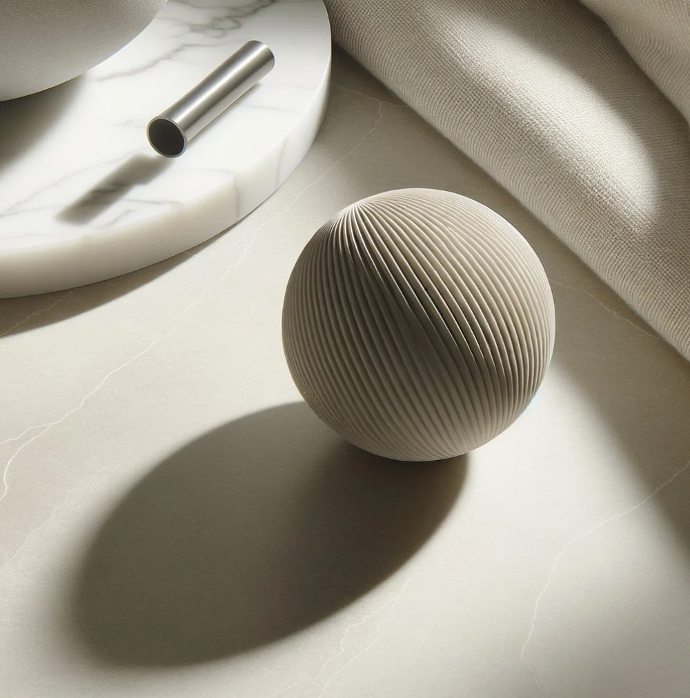 A beige, ribbed, spherical object on a light-colored surface with a shadow, next to a white marble tray with a small metallic tube on it and a fabric or towel in the background.