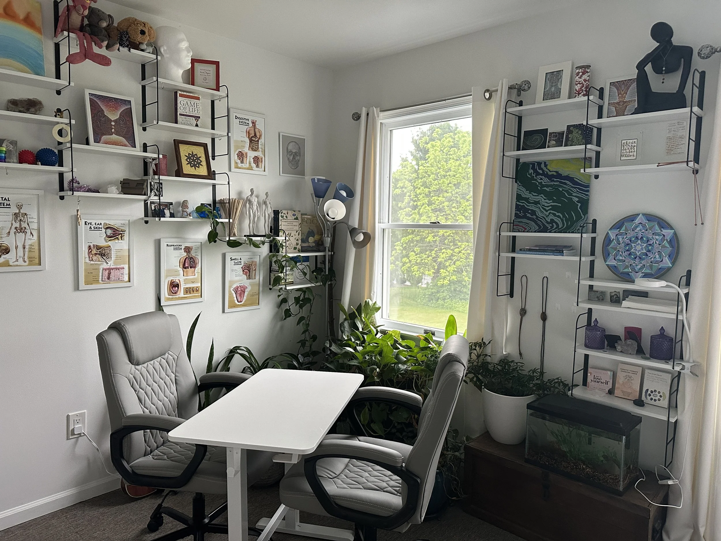Nestled in natural light and surrounded by calming greenery, the therapeutic interview space at Oversoul Sanctuary was intentionally created to feel grounded, peaceful, and welcoming. This is where each session begins through open conversation, refle