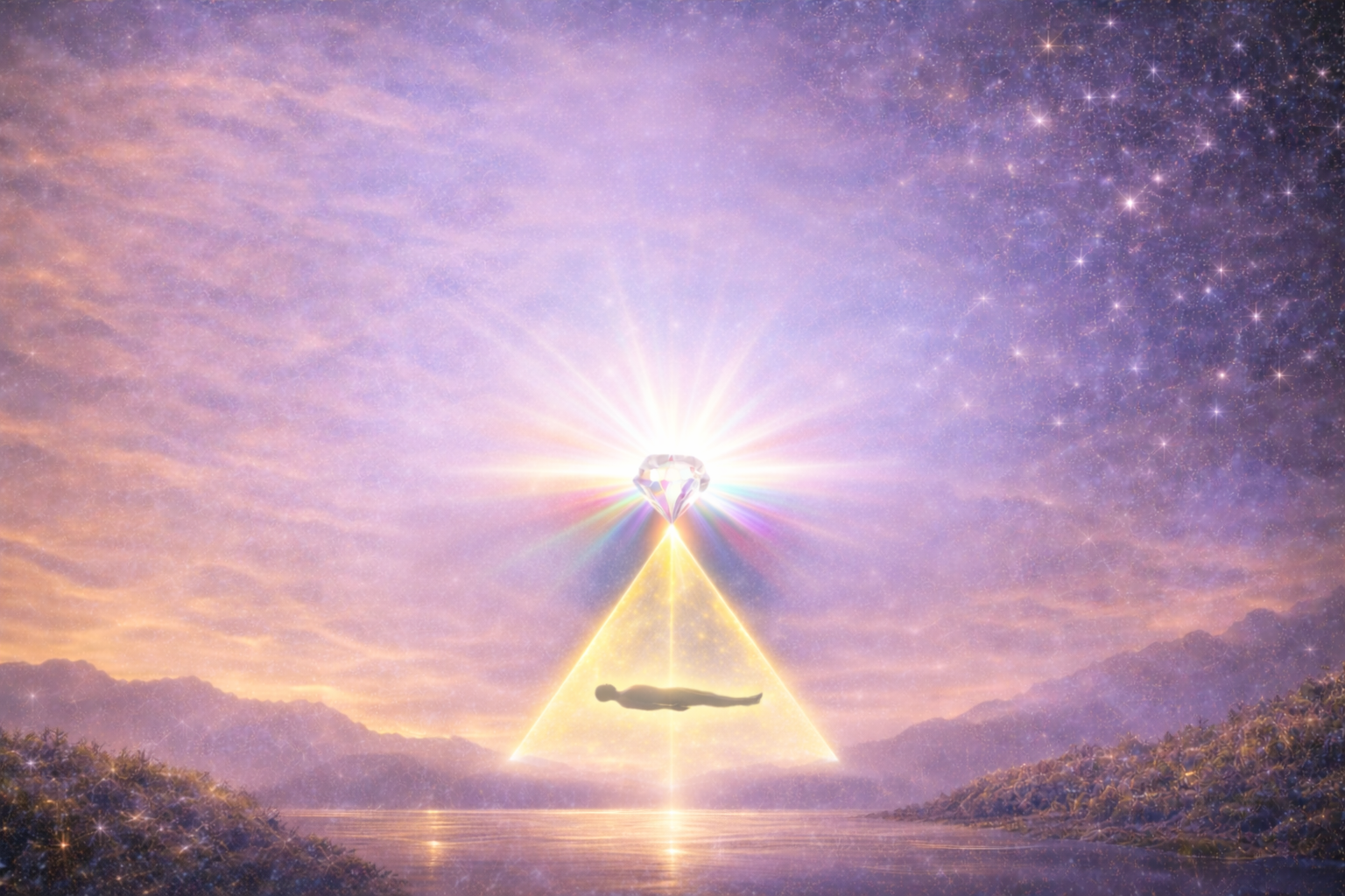 Depiction of a human in a protective pyramid of white light in a QHHT Session