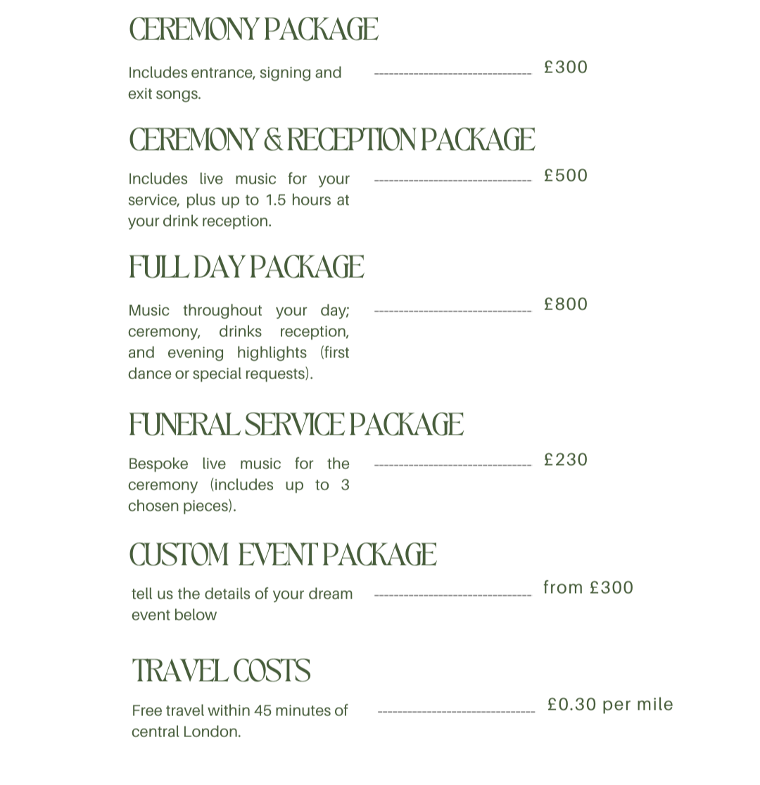 A list of various event packages with prices, including ceremony, reception, full day, funeral service, custom event, and travel costs, formatted with headings and descriptions.