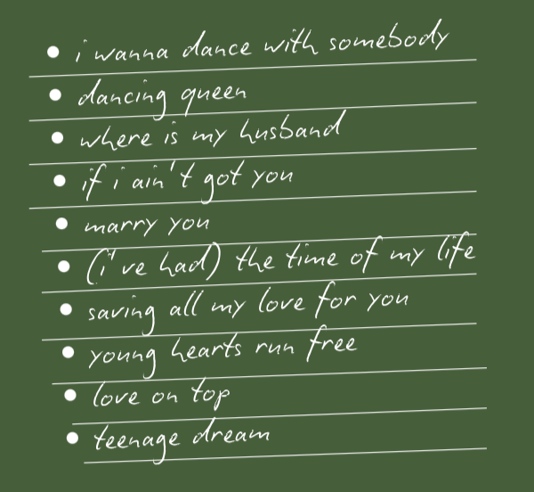 Handwritten song lyrics on green paper, including phrases like "i wanna dance with somebody," "dancing queen," "where is my husband," "if i can't got you," "marry you," "(I've had) the time of my life," "saving all my love for you," "young hearts run free," "love on top," and "teenage dream."