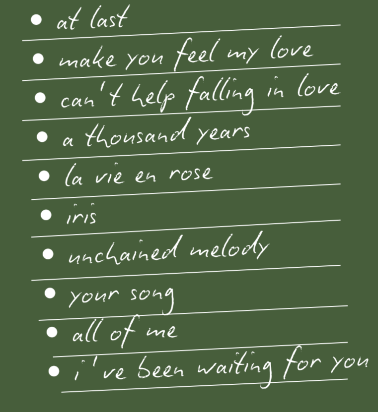 Handwritten lyrics on green paper, with lines and bullet points, expressing love and anticipation.
