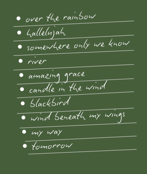 Handwritten poem on green paper with lines, including phrases like 'over the rainbow', 'hallelujah', 'river', 'blackbird', and 'tomorrow'.