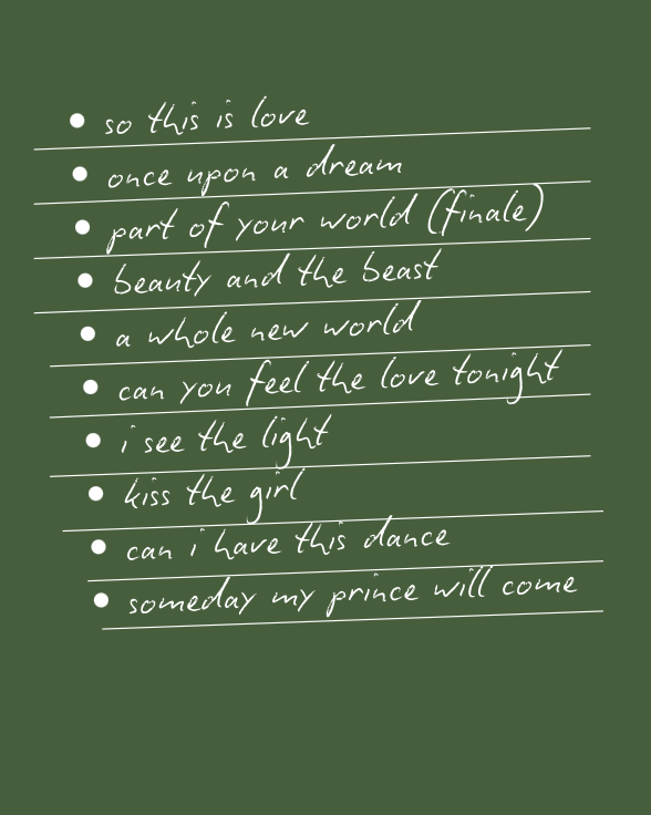 Handwritten song lyrics on a green background listing phrases like "so this is love," "once upon a dream," and "someday my prince will come."