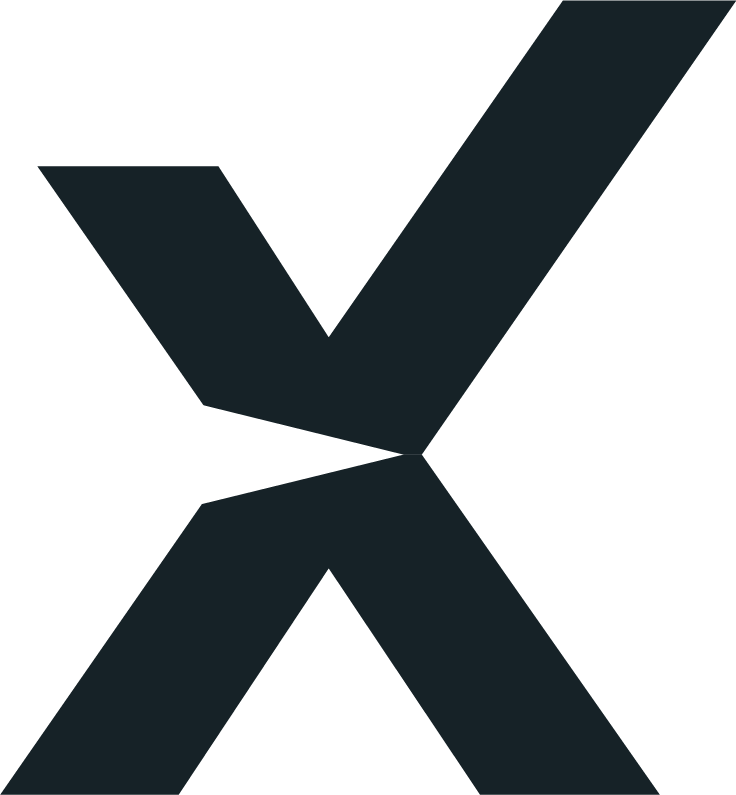 Logotipo de un símbolo en forma de 'X' o marca de verificación en color oscuro.