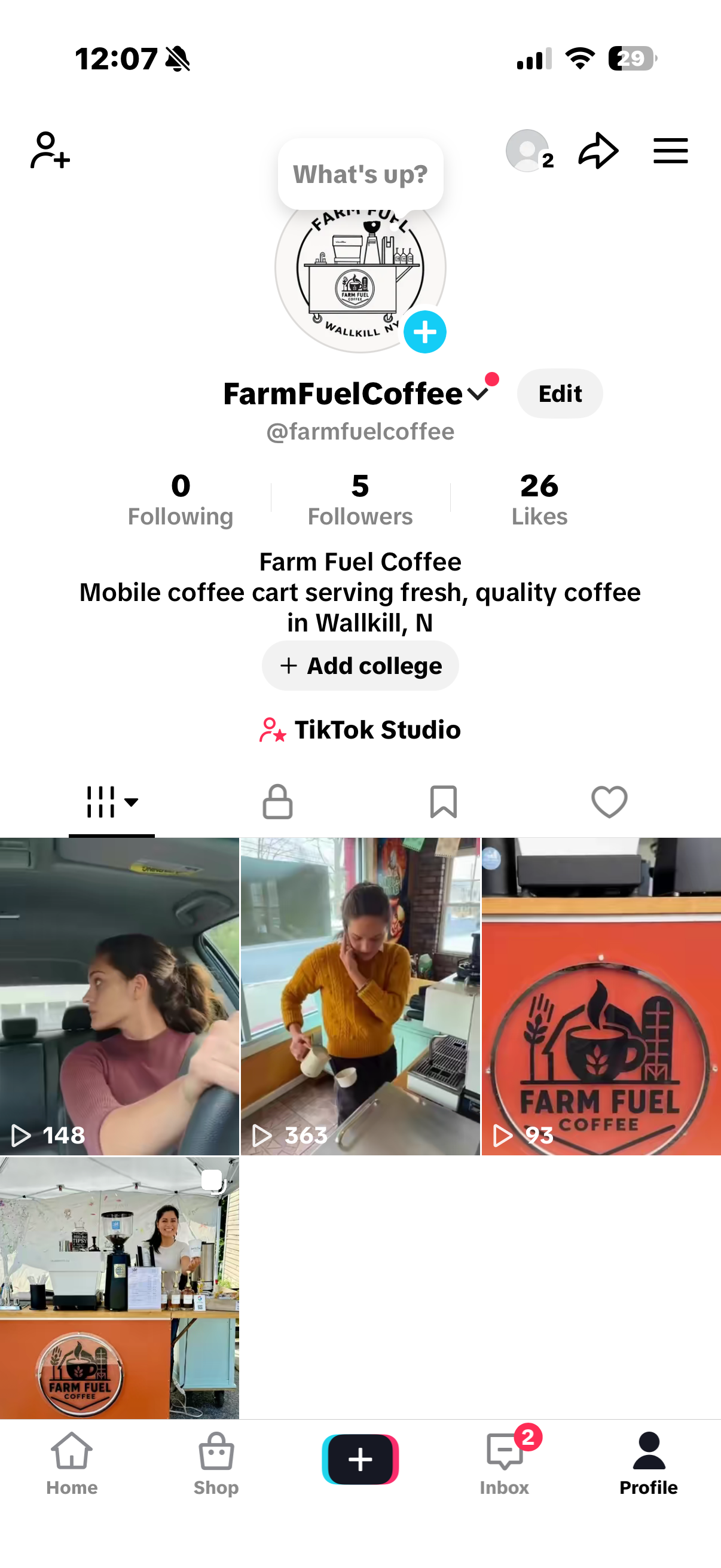TikTok profile page for FarmFuelCoffee showing photos of a woman making coffee at a mobile coffee cart with a logo reading 'Farm Fuel Coffee' featuring a steaming cup of coffee and farm elements.