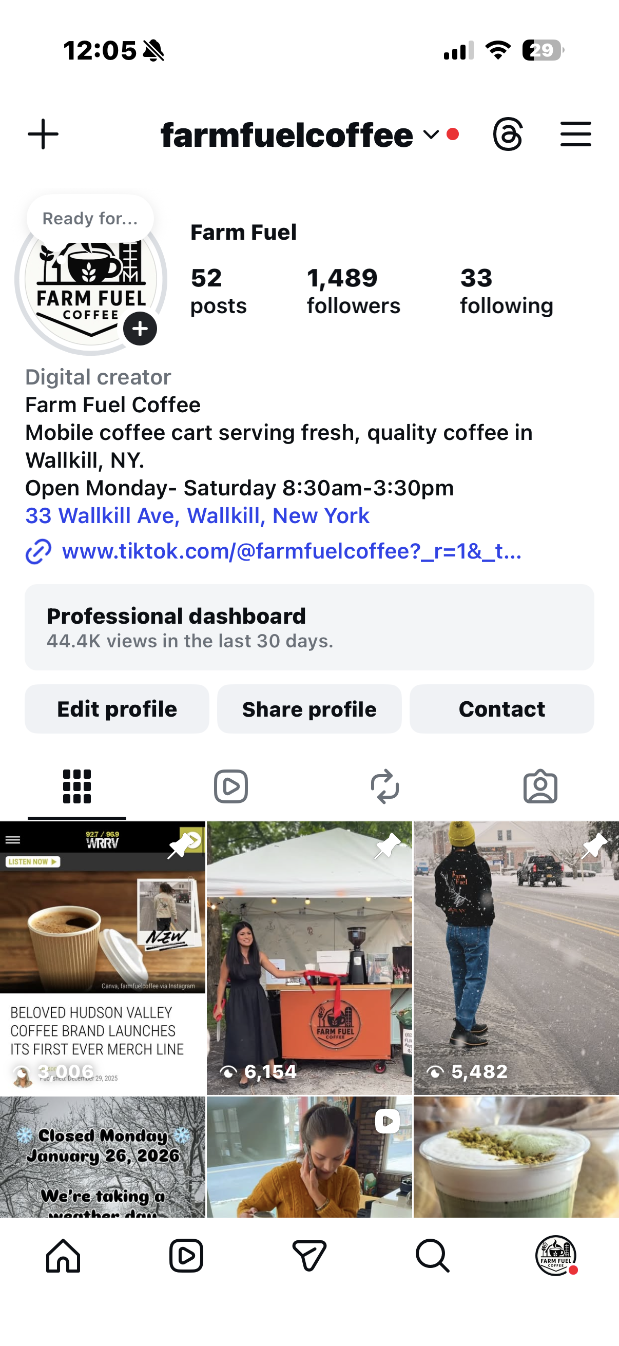 Instagram profile of Farm Fuel Coffee, a mobile coffee cart in Wallkill, NY, with posts of coffee and people, open Monday to Saturday from 8:30am to 3:30pm.