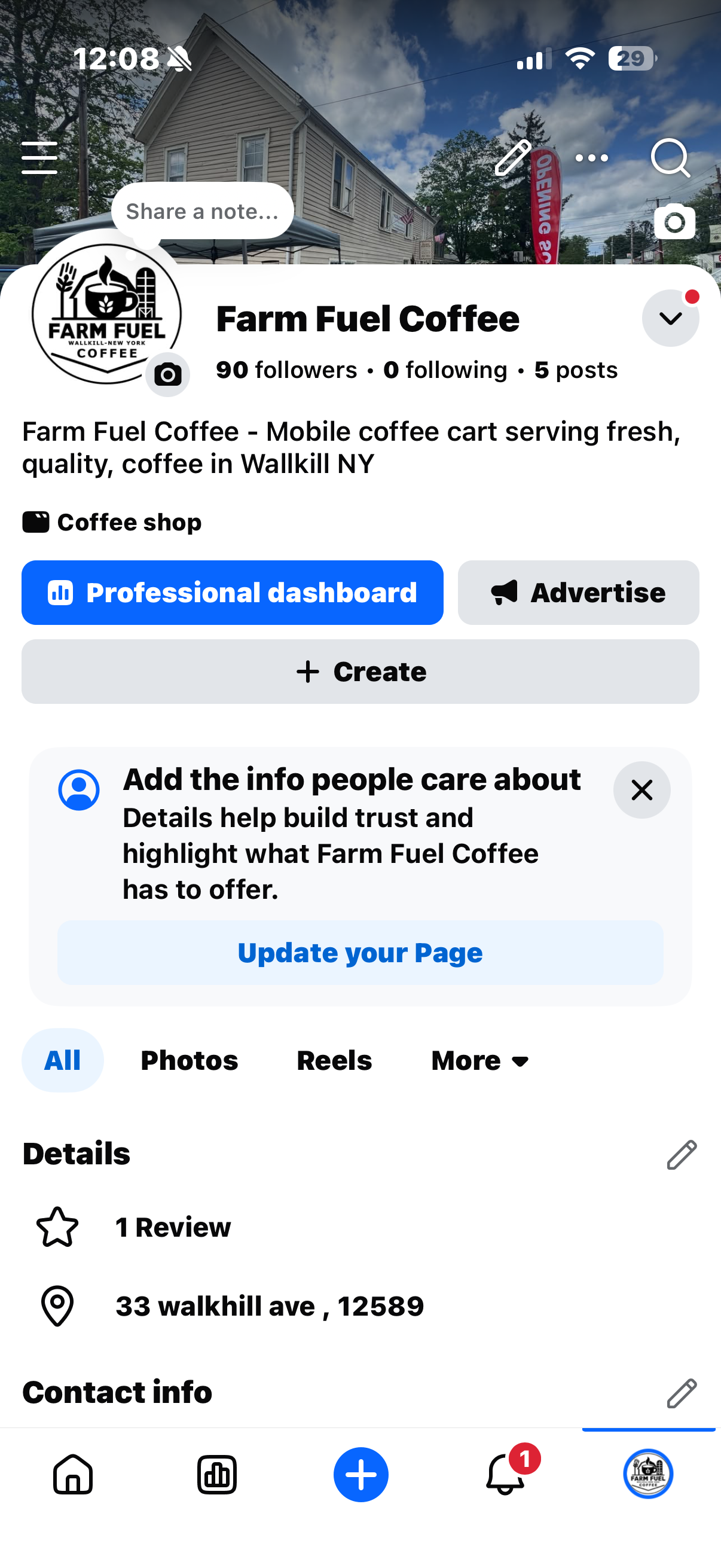 Screenshot of a Facebook business page for Farm Fuel Coffee, a mobile coffee cart service located at 33 Wallkill Ave, Wallkill NY. The page shows the shop's logo, a photo of a building with a blue sky, and various menu options.