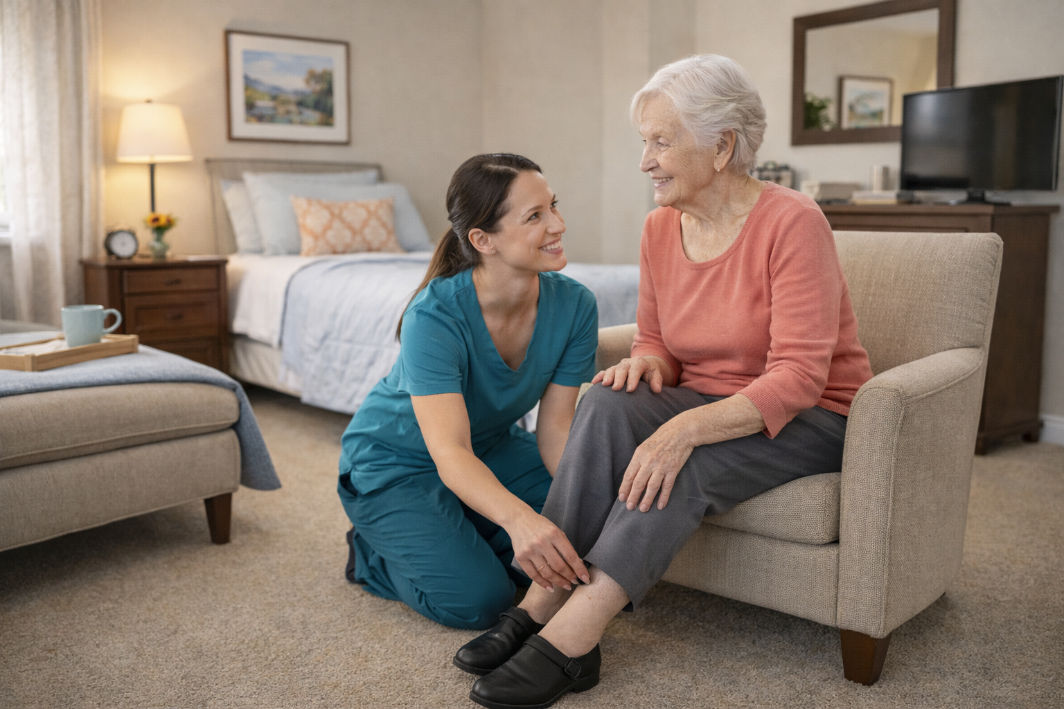 A young female caregiver helping an elderly woman sit comfortably in a living room.