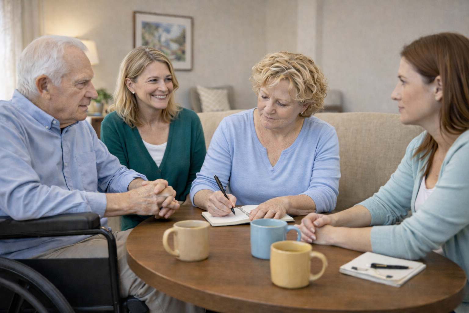 Five adults sitting around a wooden table in a cozy room having a conversation. One woman is writing in a notepad, and there are four coffee mugs on the table.