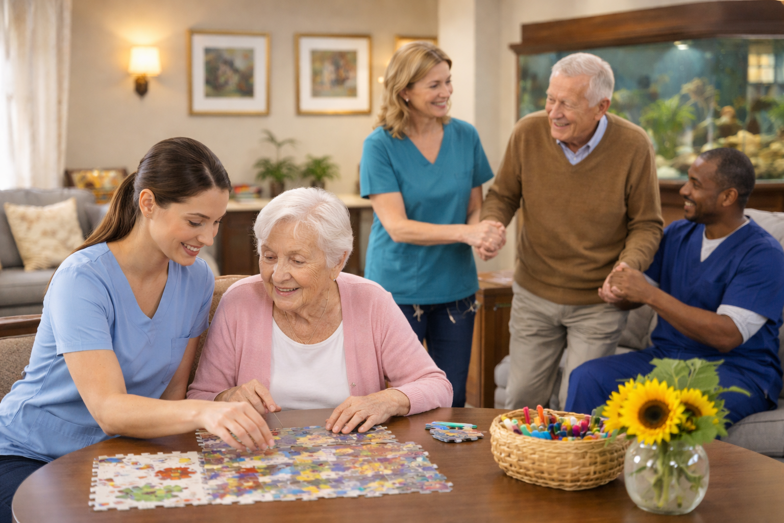 Four caregivers and an elderly woman assembling a puzzle in a cozy living room, with a sunflower arrangement on the table.