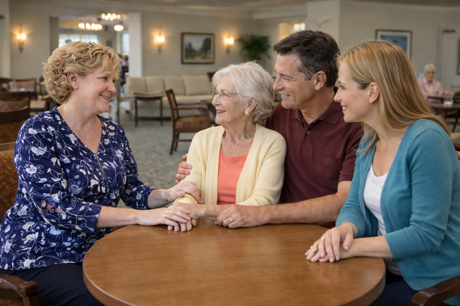 Four people, an elderly woman, a man, and two women, sitting at a table in a nursing home or assisted living facility, smiling and holding hands in a warm, supportive interaction.
