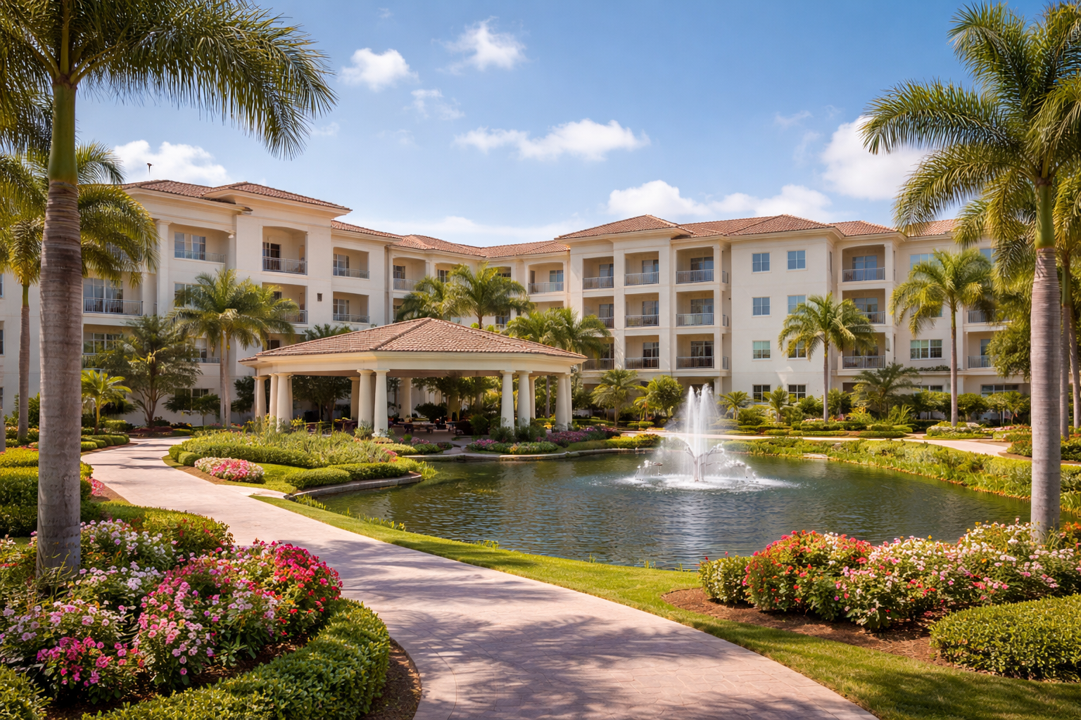 Assisted Living community with a pond, fountain, gazebo, and lush landscaping with palm trees under a partly cloudy sky.