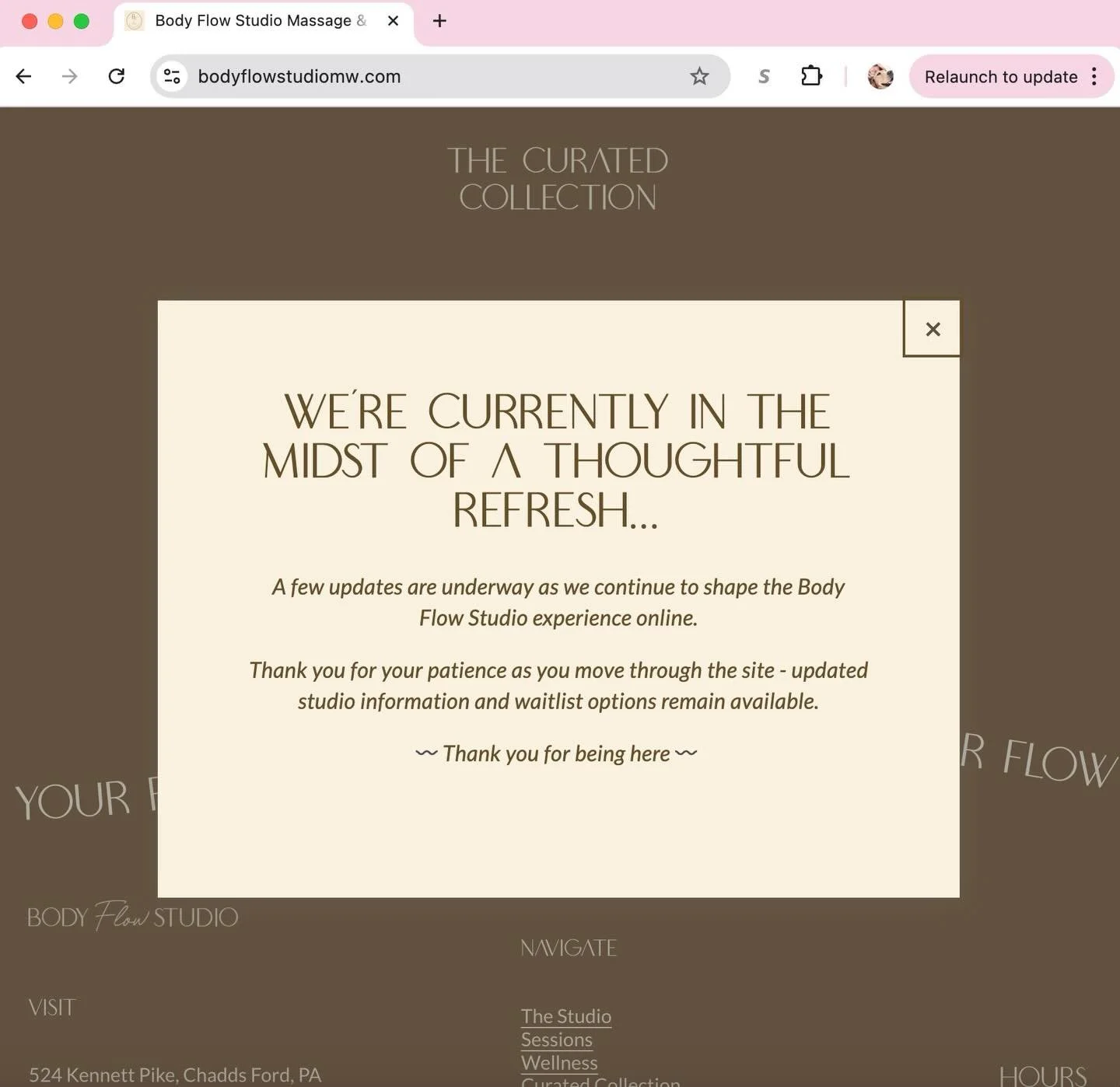 In the midst of a quiet refresh.

The Body Flow website has been thoughtfully redesigned for you - a space to explore the studio, the work, and what it means to return to your flow.
 
Availability remains limited and is released as space allows. You&