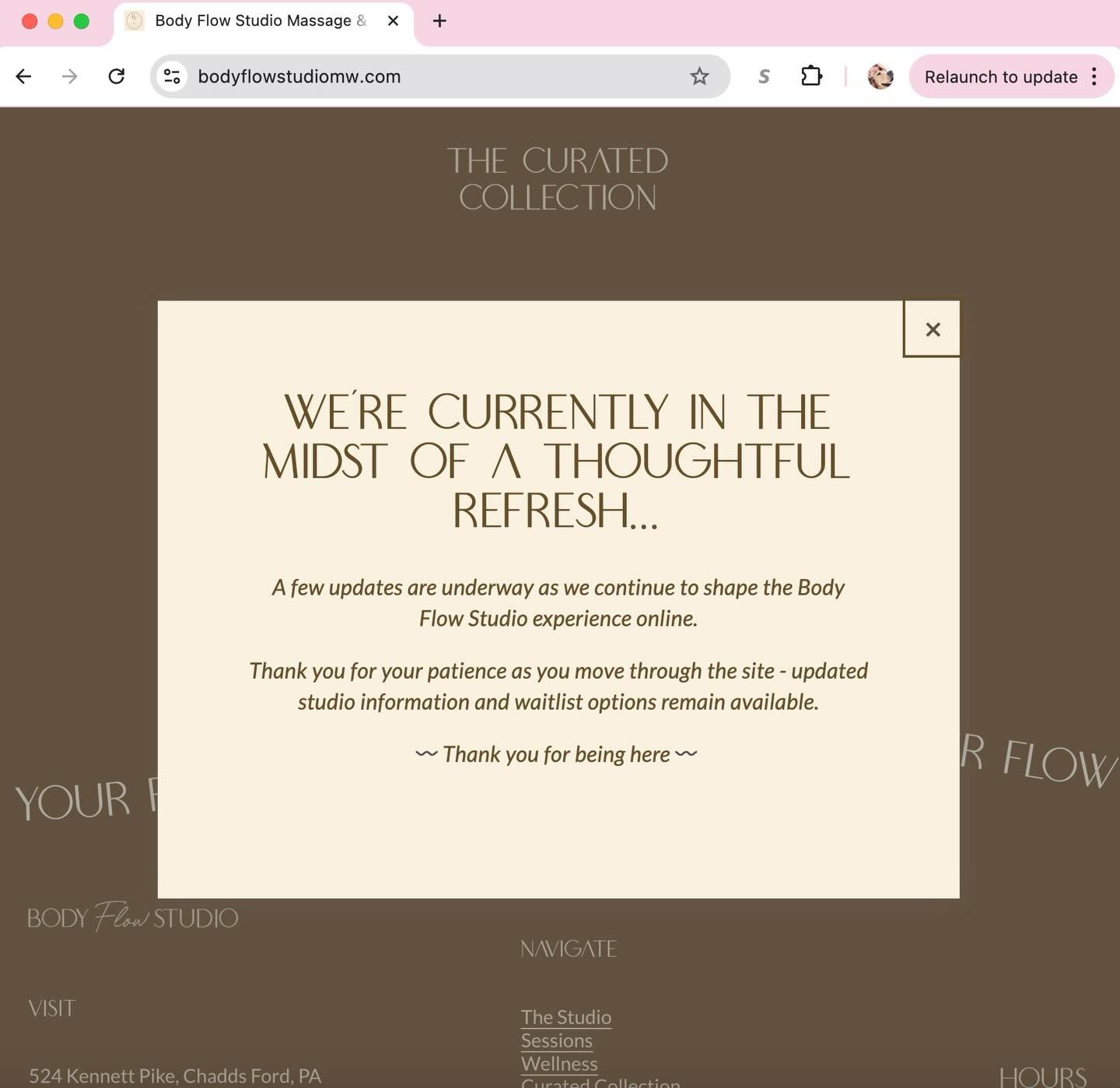 In the midst of a quiet refresh.

The Body Flow website has been thoughtfully redesigned for you - a space to explore the studio, the work, and what it means to return to your flow.
 
Availability remains limited and is released as space allows. You&