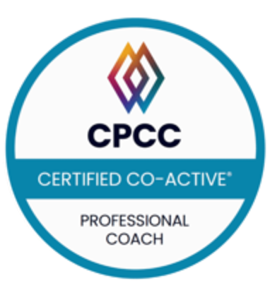 A circular logo featuring a colorful abstract geometric design at the top, with the text 'CPCC' center, 'Certified Co-Active' on a blue banner, and 'Professional Coach' at the bottom, indicating a professional coaching certification.