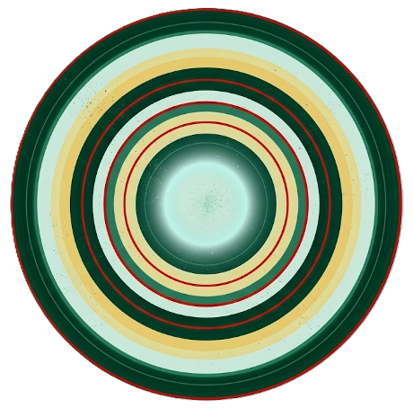 A circular, colorful, concentric pattern in green, yellow, and red, with a glowing center.