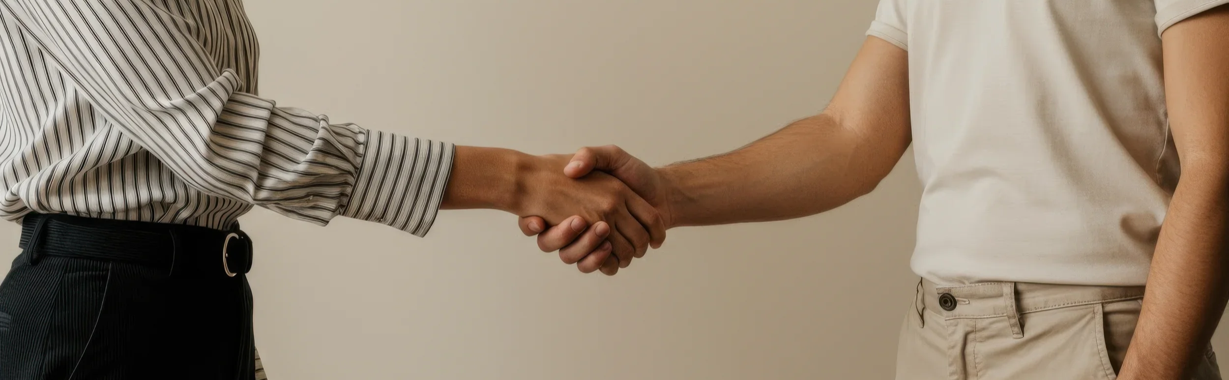Two people shaking hands, one wearing a striped long sleeve shirt, the other in a white t-shirt.