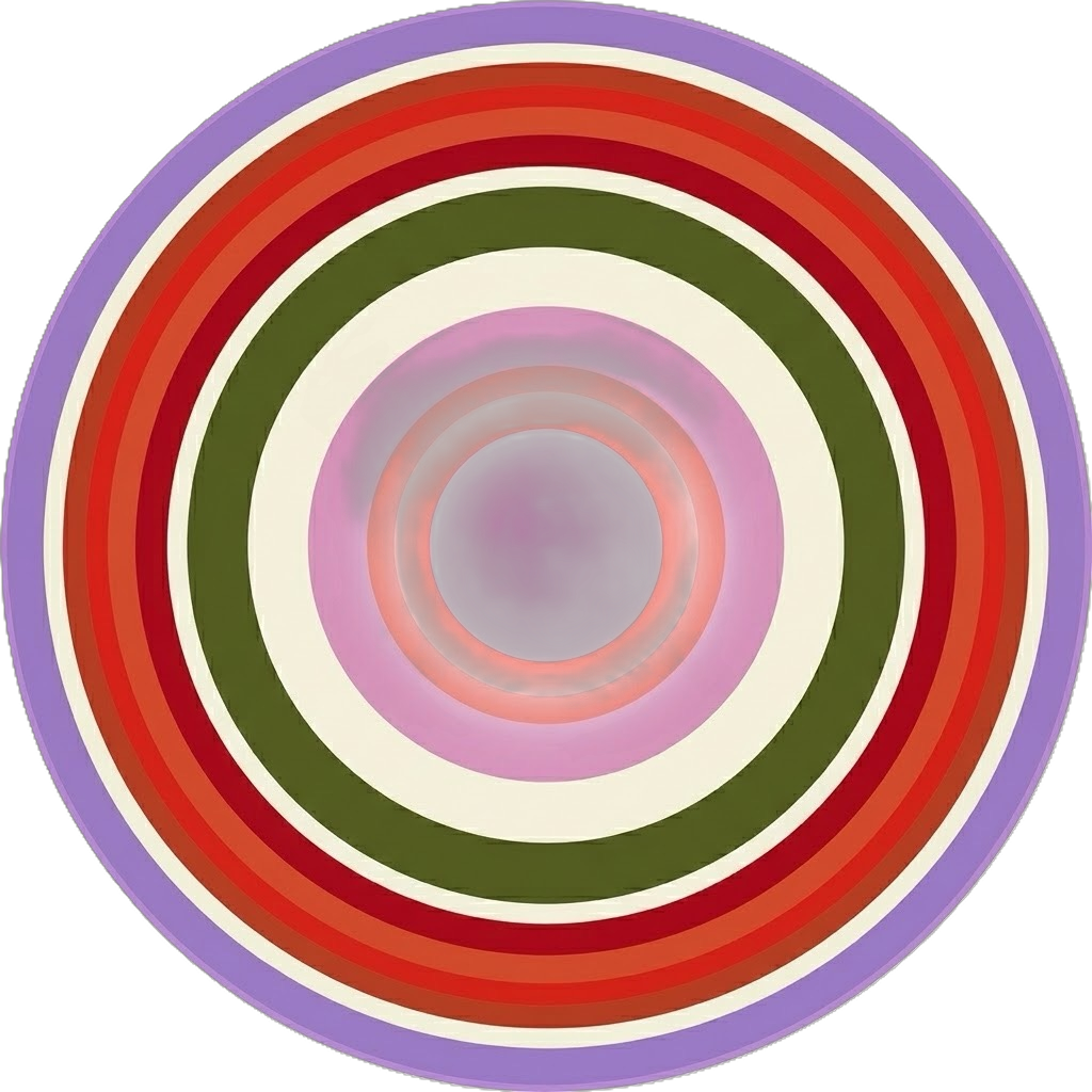 Concentric circles with a glowing pink center, progressing outward through shades of purple, red, white, green, pink, lavender, and black.