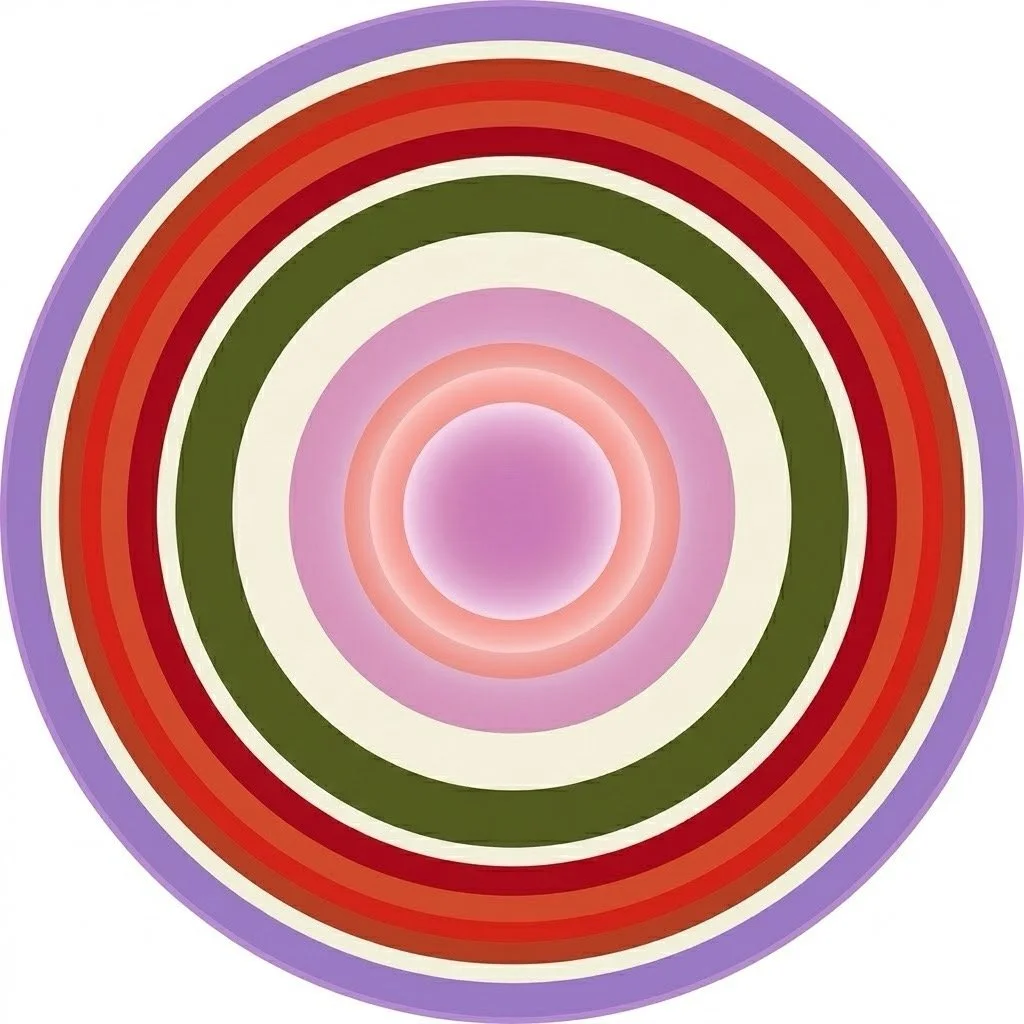 Colorful concentric circles in purple, red, orange, green, white, and pink creating an abstract pattern.