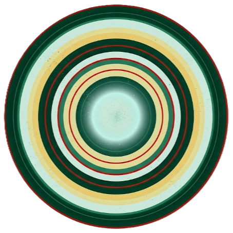 A circular, colorful, concentric pattern in green, yellow, and red, with a glowing center.