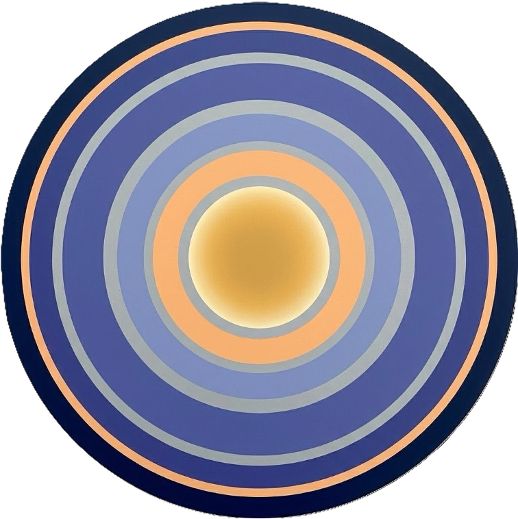 Circular abstract design with concentric rings in shades of blue, gold, and peach.