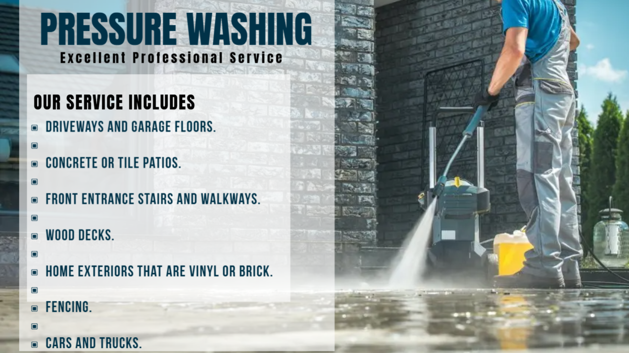 A person using a pressure washer to clean an outdoor concrete area. The person is wearing a blue shirt and gray pants, and is standing next to a brick wall and a metal gate.