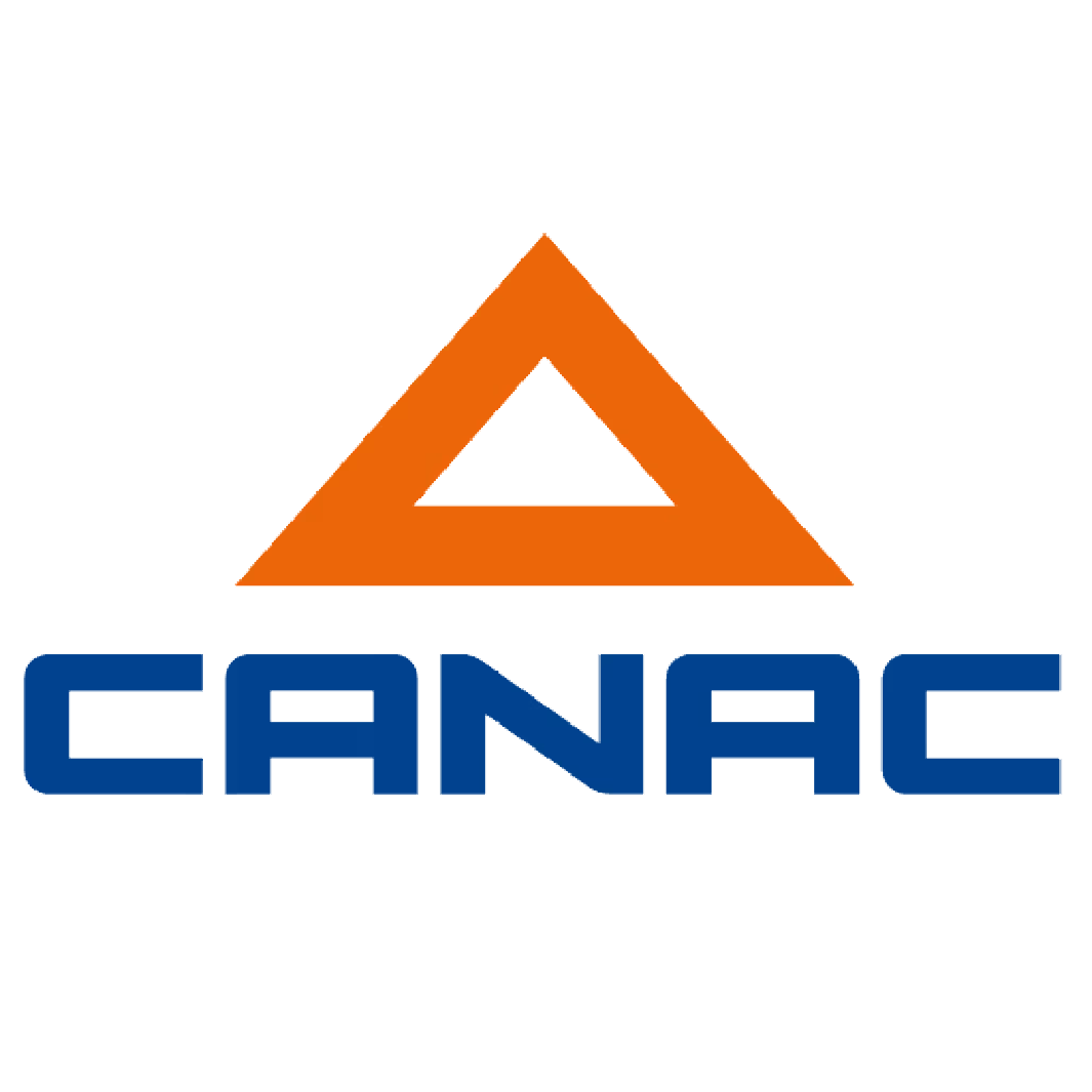 Logo de CANAC avec un triangle orange et le nom en lettres bleues.