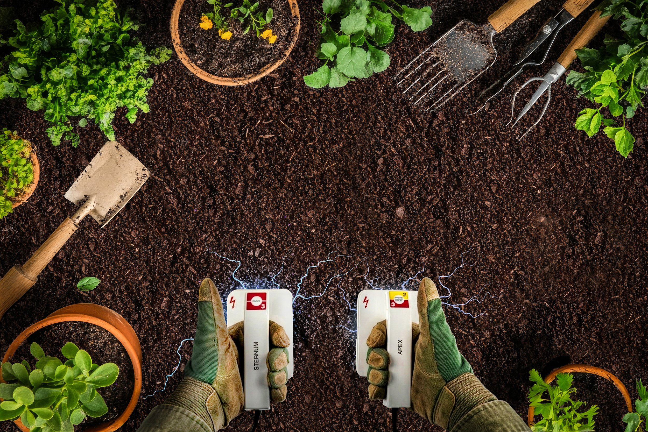 Les mains d'une personne portant des gants de jardinage manipulent un défibrillateur pour réanimer le sol