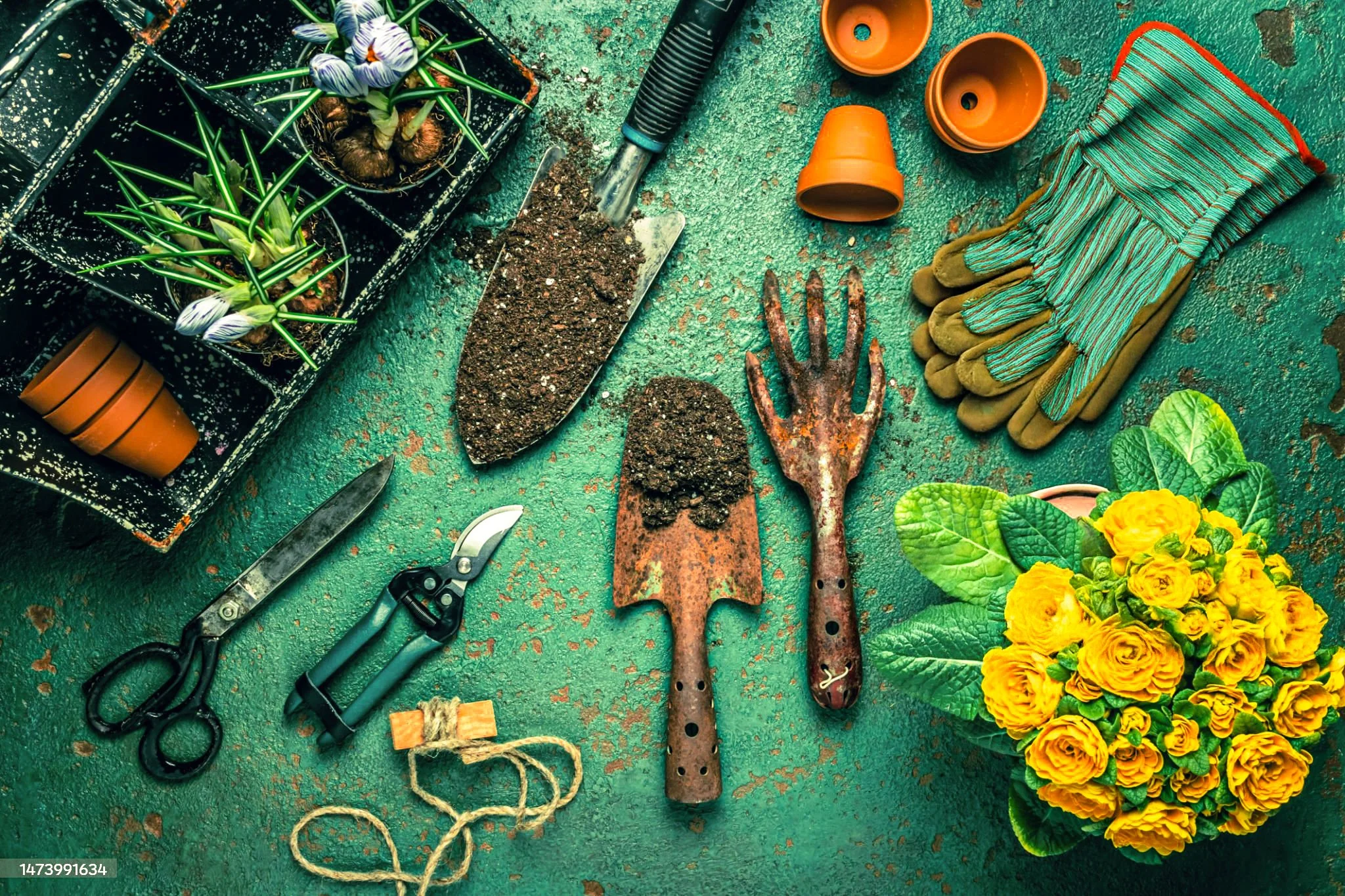 Outils de jardinage, gants, graines, pots, et une plante en pot avec fleurs jaunes sur une surface verte.