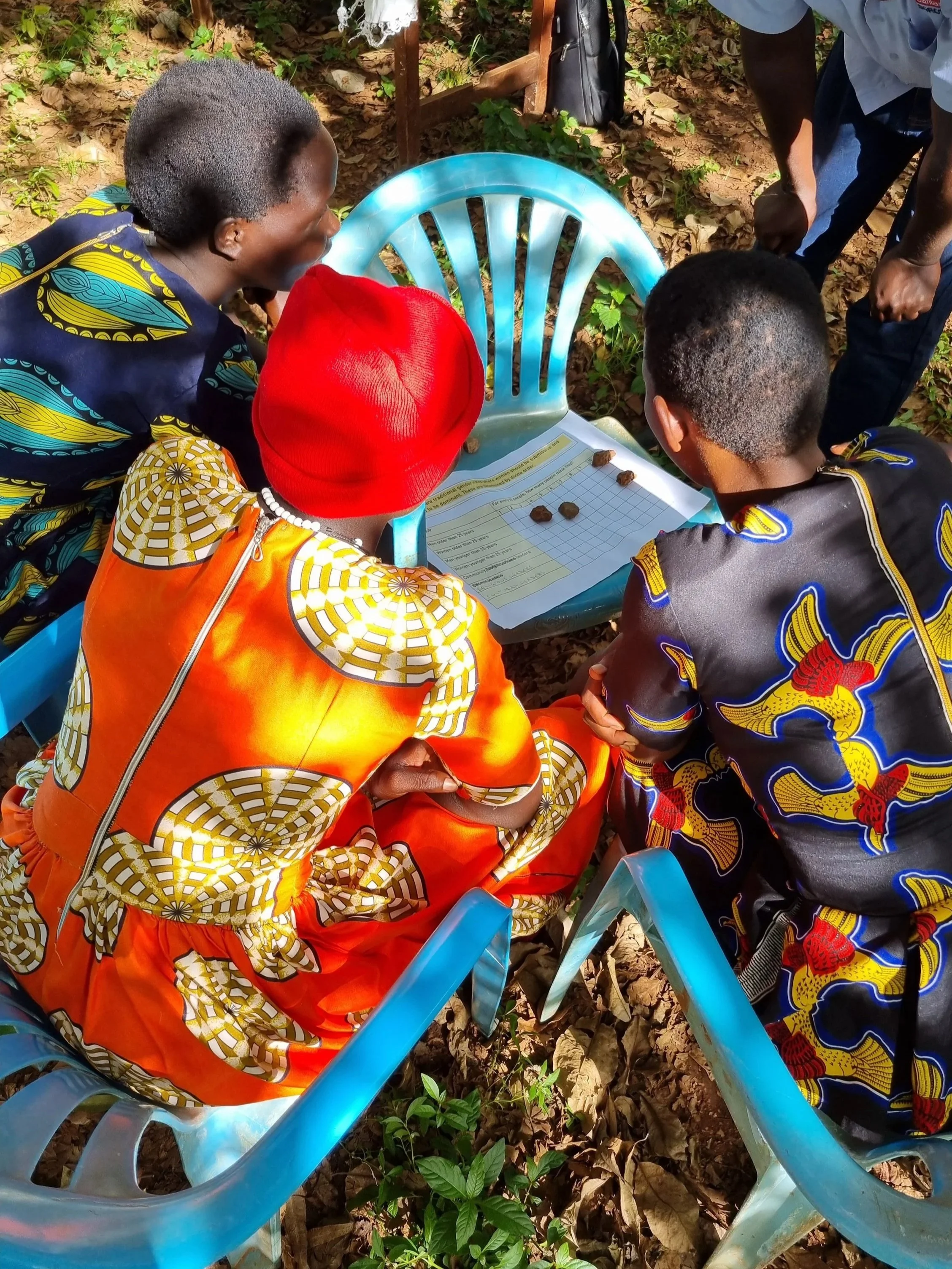 Photo taken from above of a group of three black women in bright clothing sitting on chairs in a circle completing a workshop activity outside in the sunshine