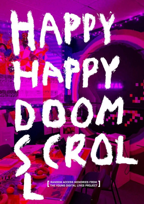 Image of the front cover of the Happy Happy Doom Scroll zine. The title is in bold white lettering over an image of the youth work setting in shades of pink and purple