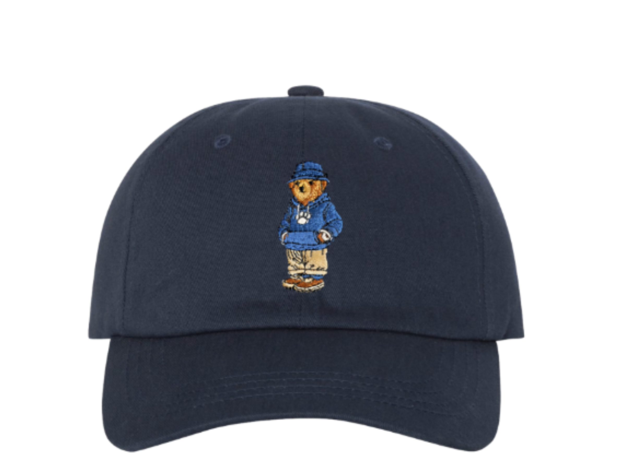 Navy blue baseball cap with embroidered bear character wearing a blue hoodie, khaki pants, and brown shoes.