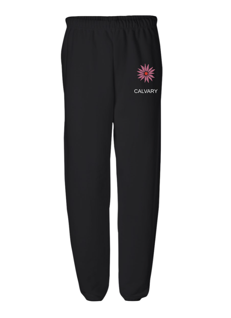 Black athletic pants with a pink and purple flower logo and the word "CALVARY" printed on the right leg.