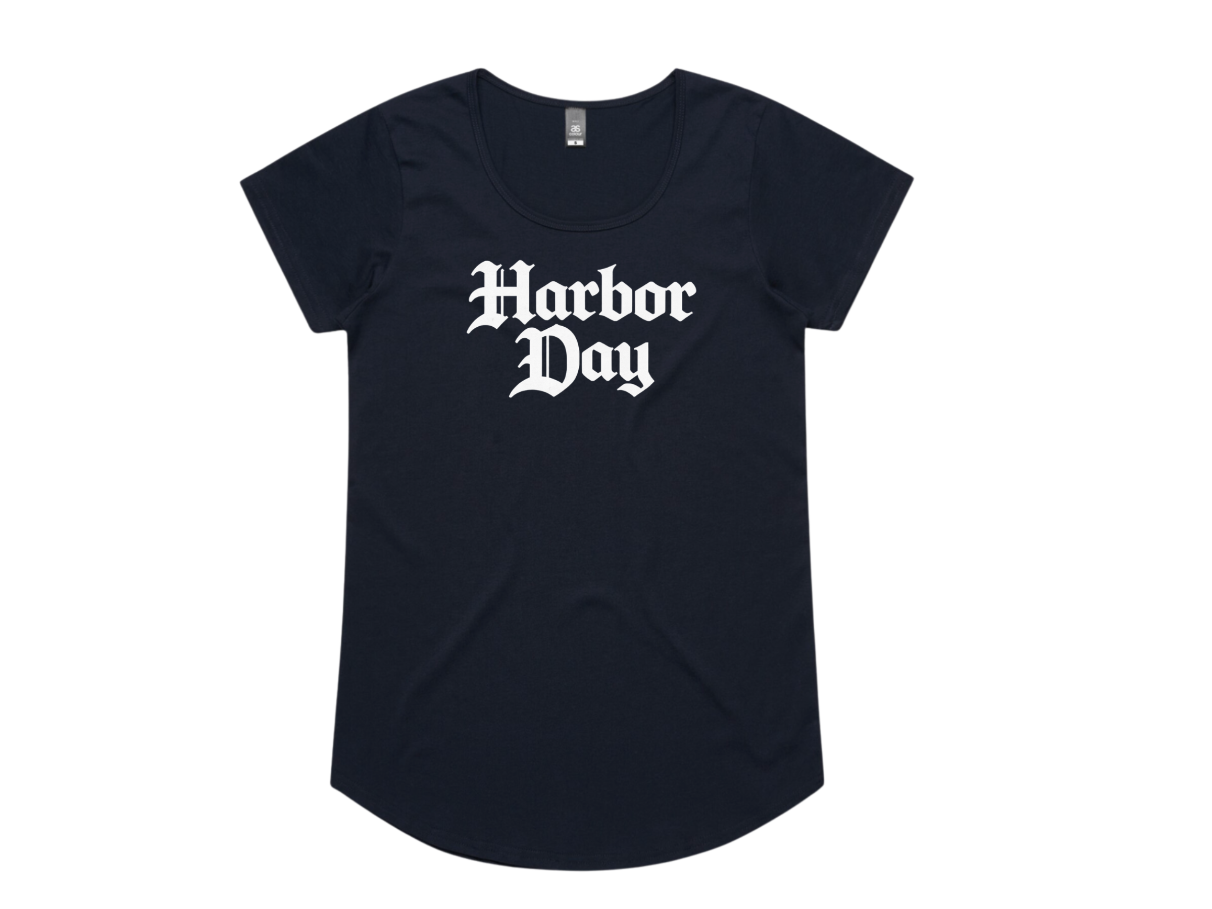 Navy blue t-shirt with the text "Harbor Day" printed in white Gothic font on the front.