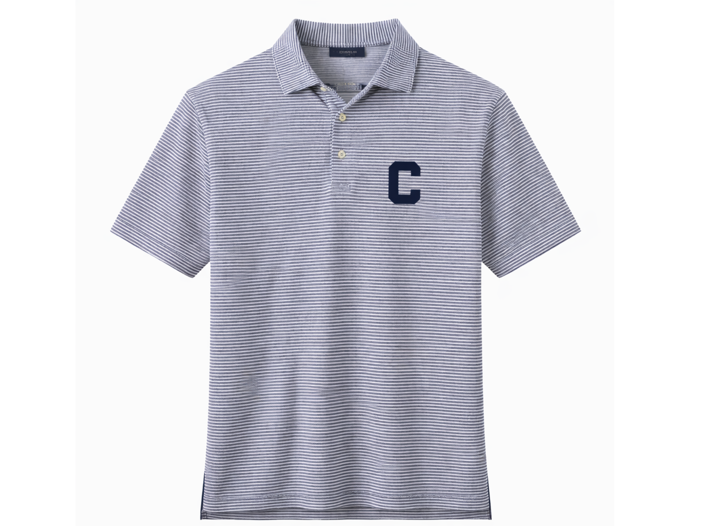 A men's short sleeve polo shirt with horizontal white and navy blue pinstripes, a navy blue letter 'C' patch on the left chest, and a three-button placket.