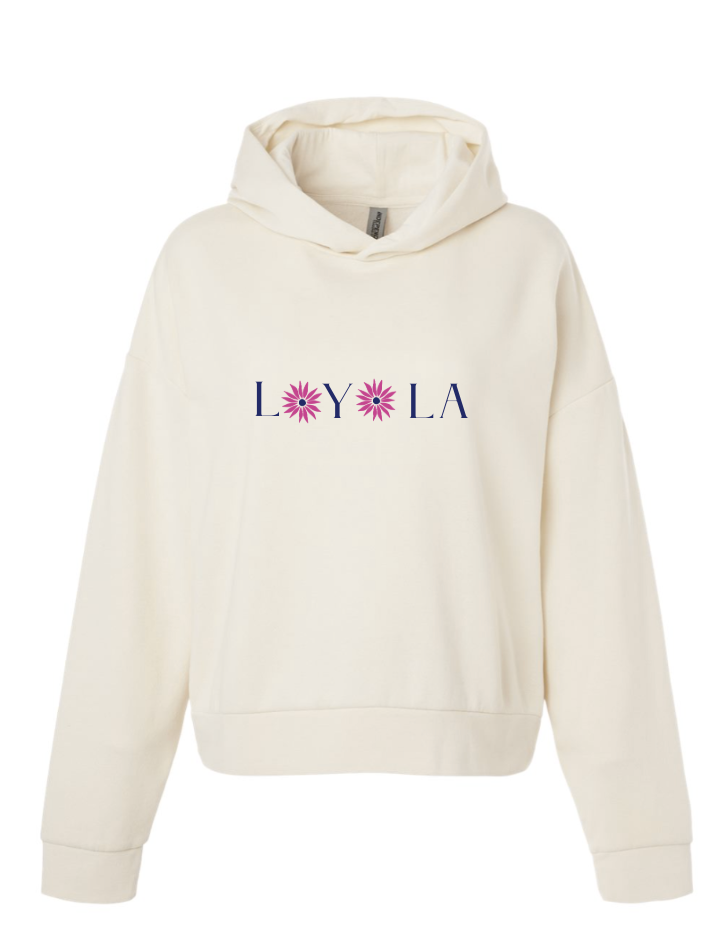 Cream-colored hoodie with the word "LOYOLA" printed across the front, featuring two pink flowers replacing the two O's.