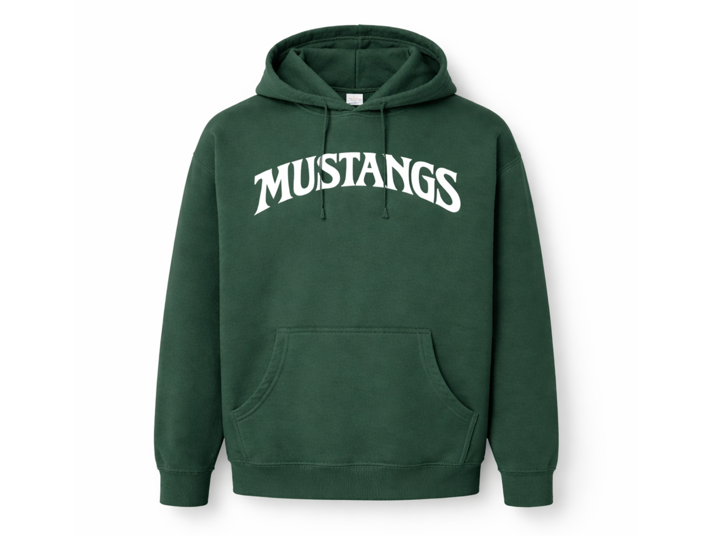 Green hooded sweatshirt with white 'MUSTANGS' text across the chest.
