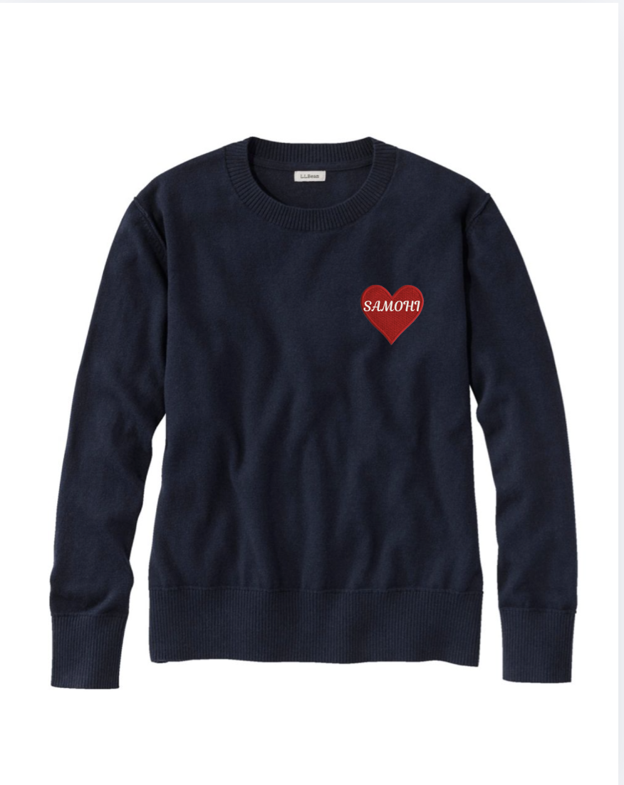 Navy blue sweater with a red heart patch that reads 'SAMOHI' on the upper left chest.
