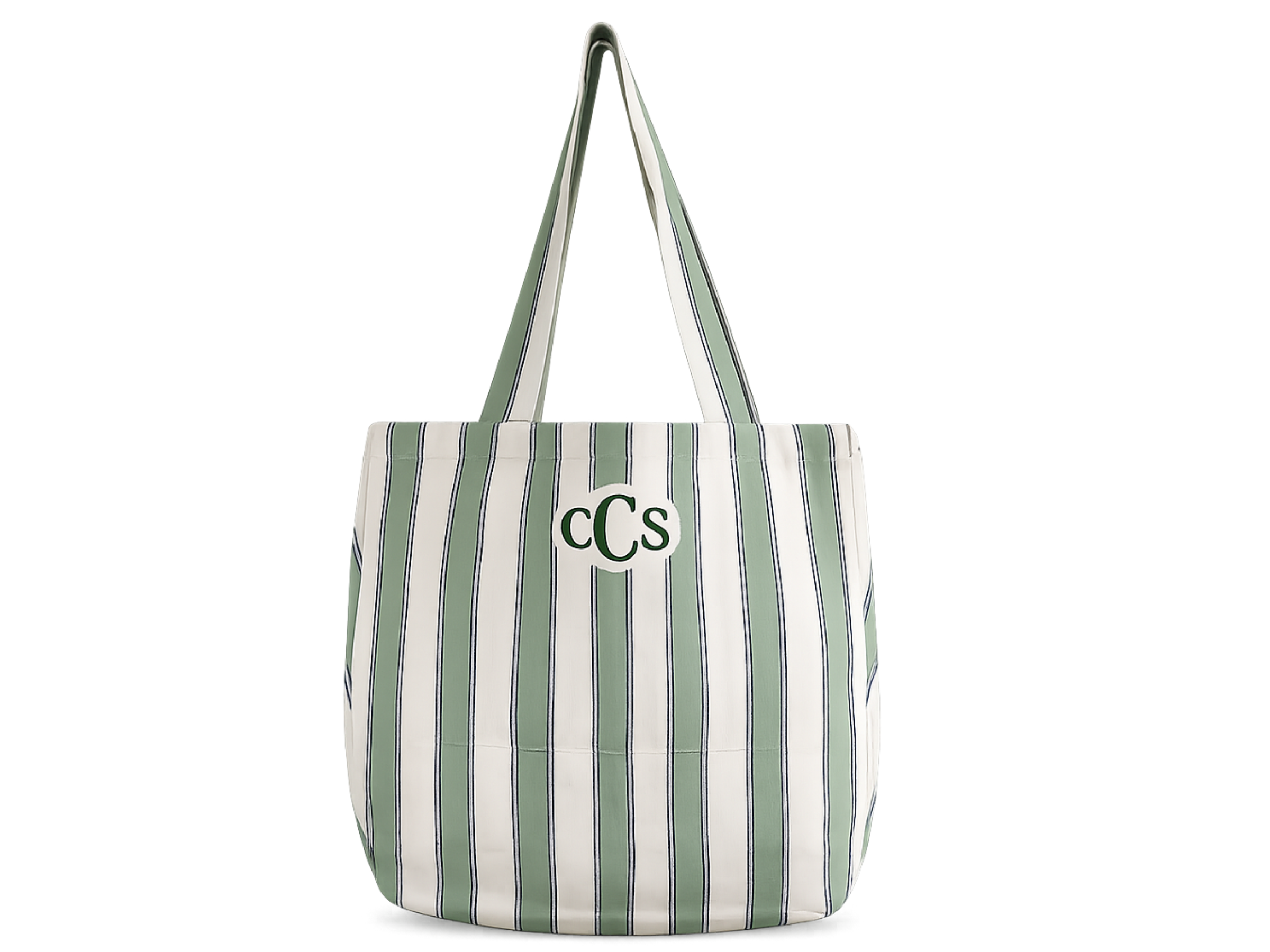 A tote bag with vertical green and white stripes and black outlines, featuring the letters 'cCs' in green on the front.