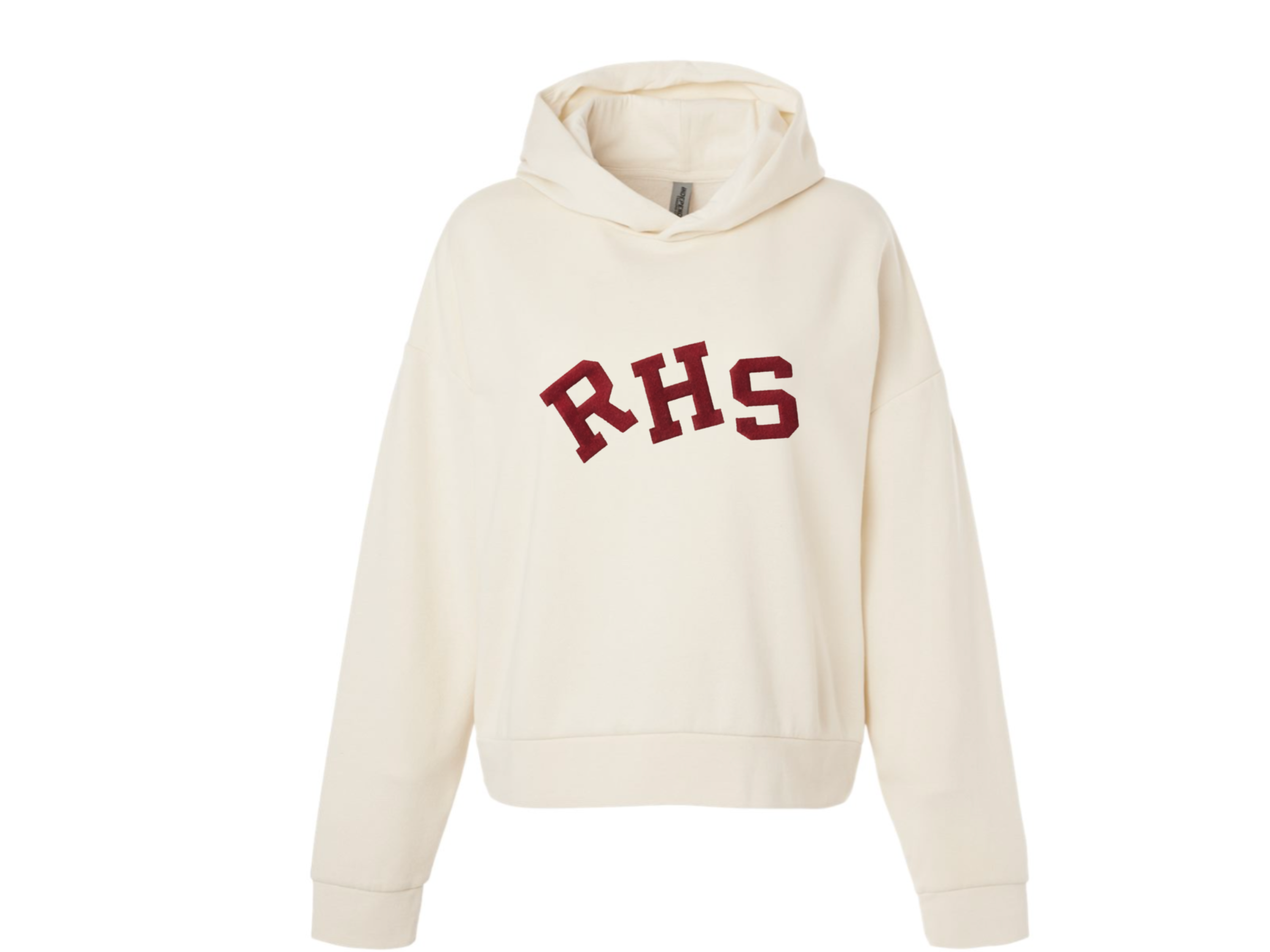 Cream-colored hoodie with red block letters spelling 'RHS' on the front.