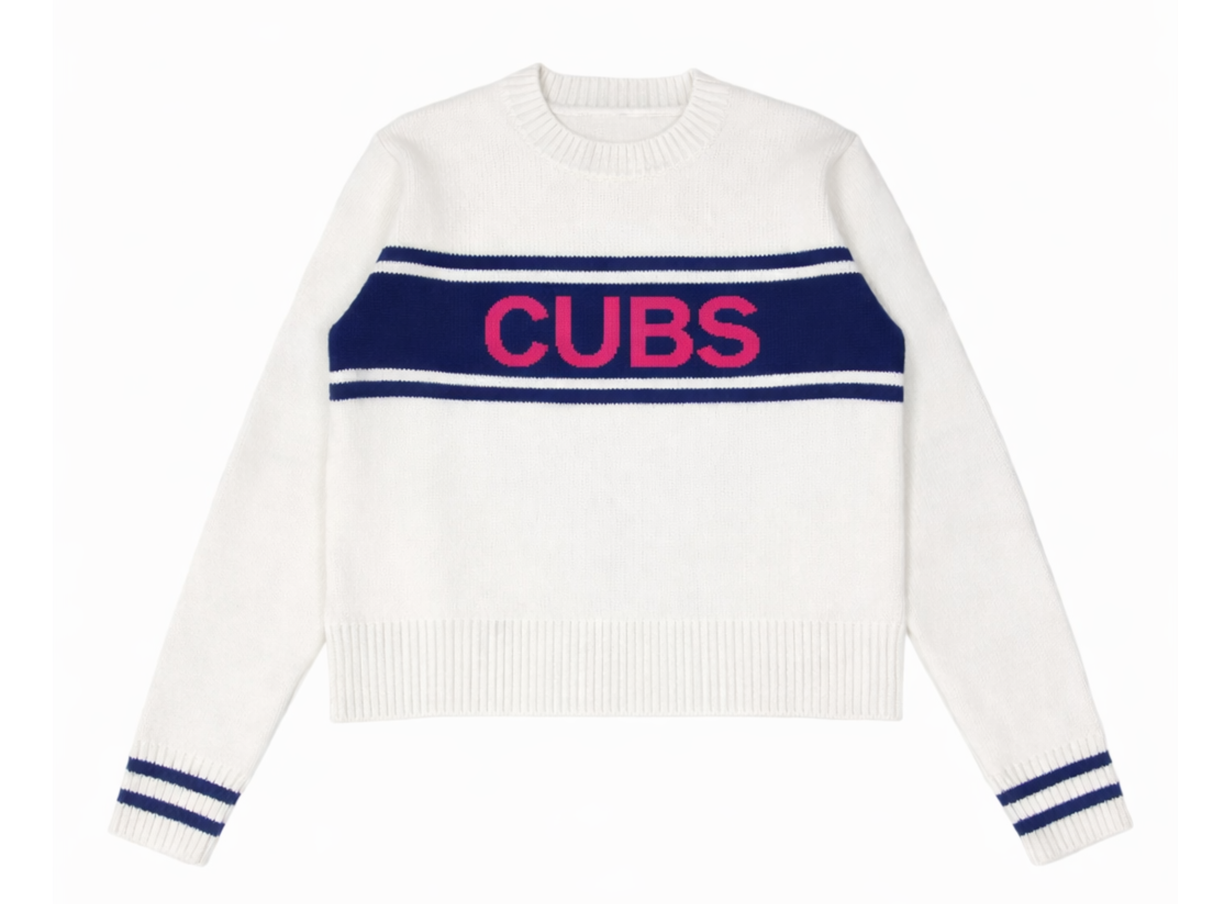 White sweater with navy blue horizontal stripe across chest featuring pink text that reads 'CUBS'; matching navy blue stripes on sleeves.