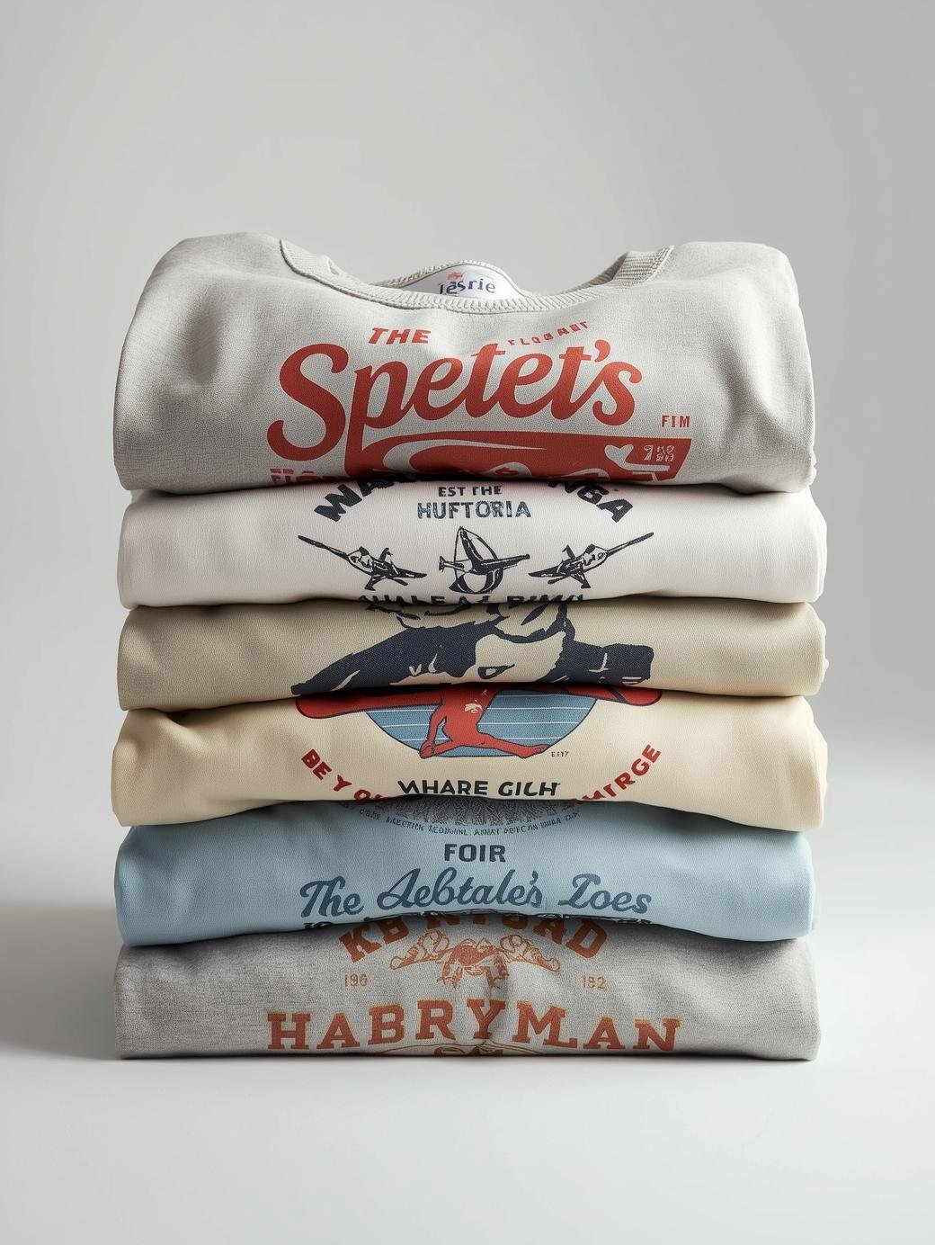A stack of five folded graphic t-shirts with various designs and text, placed on a white surface against a plain gray background.