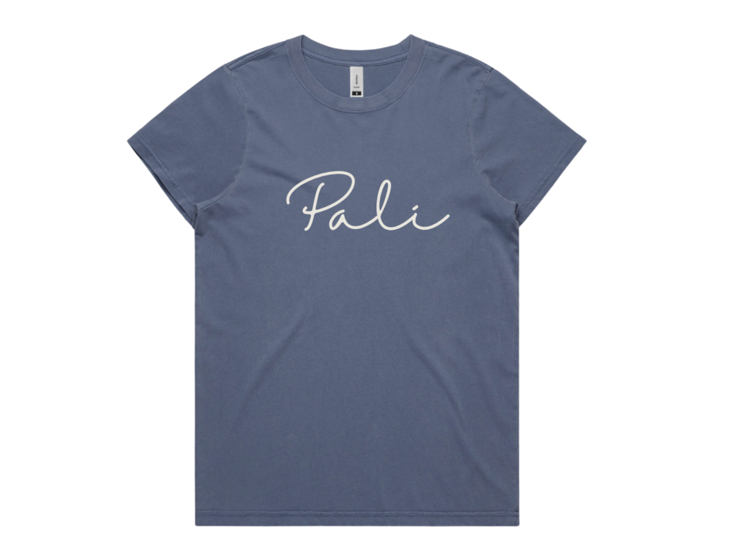 A blue T-shirt with the word 'Pali' written in white cursive letters on the front.
