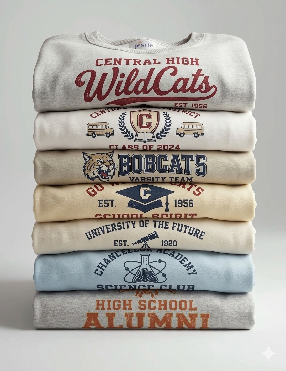 stack of seven tee shirts folded all with various school related mascots and designs