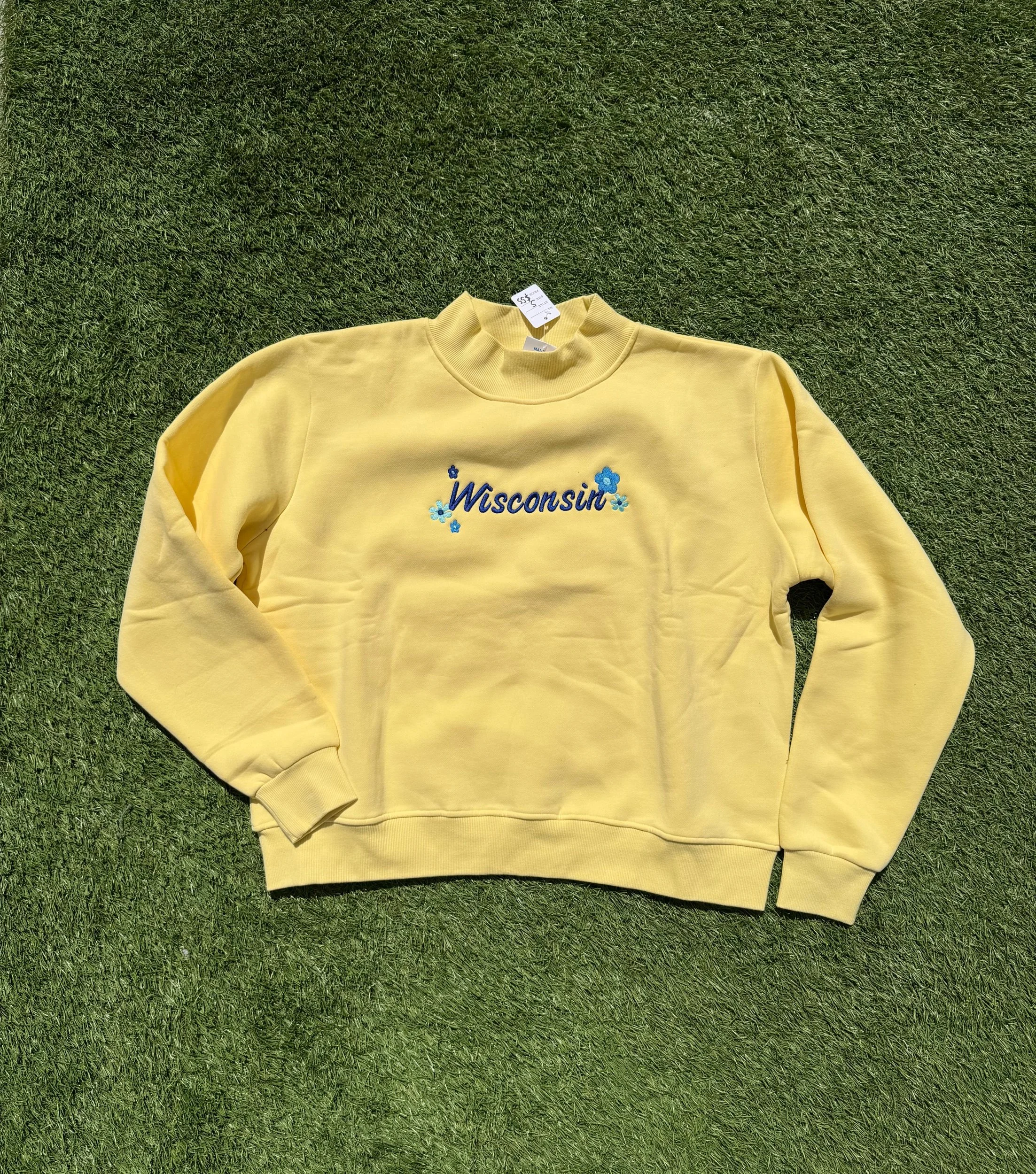 Yellow Mockneck with wisconsin on it in blue. 