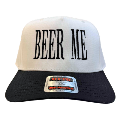 A trucker-style cap with a white front panel and black brim, featuring the phrase 'BEER ME' embroidered in black.