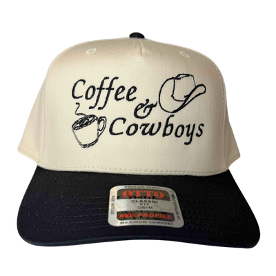 A cream and black trucker hat with the text 'Coffee & Cowboys' and illustrations of a coffee cup and a cowboy hat.