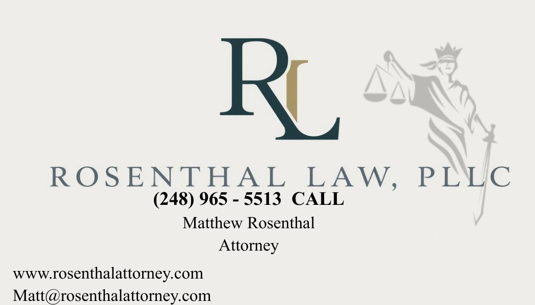 Business card for Rosenthal Law, PLLC, featuring the logo with an 'RL' monogram, contact phone number, attorney Matthew Rosenthal's name and title, the law firm's website, and email address, with a faint graphic of Lady Justice in the background.