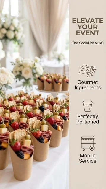 Display of gourmet desserts in paper cups with strawberries, blueberries, and other toppings, alongside a sign highlighting event elevation, gourmet ingredients, perfect portions, and mobile service at The Social Plate KC.